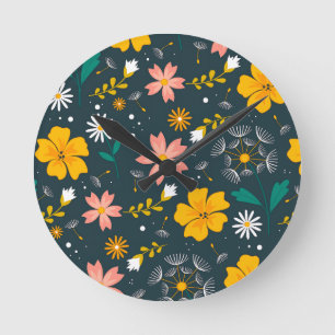 Navy Floral Garden Whimsical Spring Pattern Round Clock
