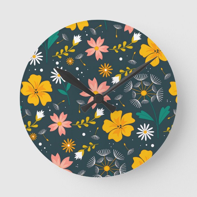 Navy Floral Garden Whimsical Spring Pattern Round Clock (Front)