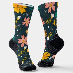 Navy Floral Garden Whimsical Spring Pattern Socks