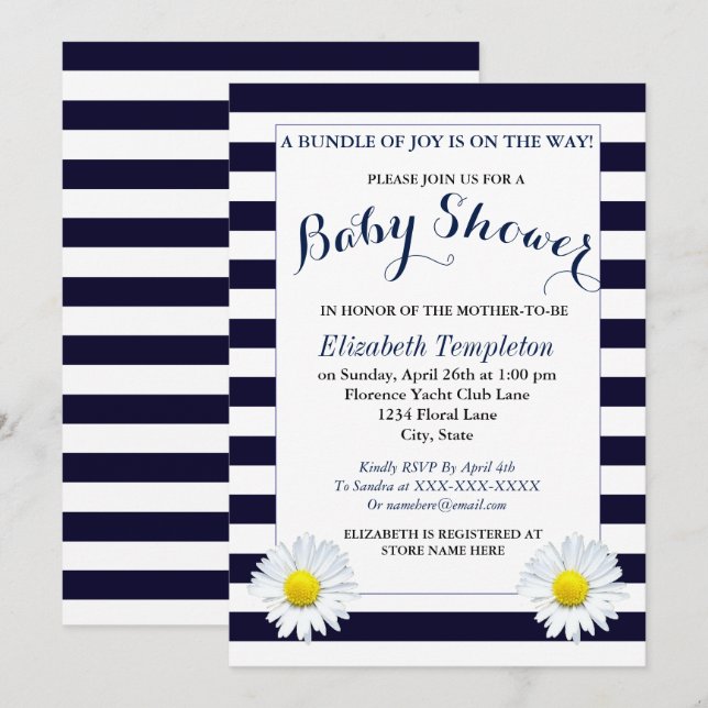 Navy Floral Gender Neutral Baby Shower Invites (Front/Back)