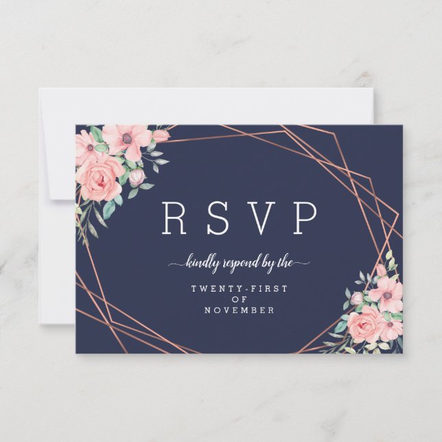 Navy Floral Geometric Copper Meal Choice RSVP Card (Front)