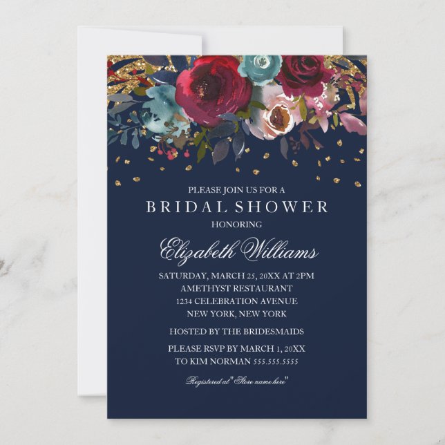 Navy Floral Glitter Burgundy Bridal Shower Invitation (Front)