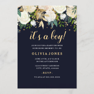 Navy Floral Glitter Sparkling Boy Baby Shower Invitation