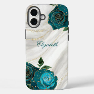 Navy Floral Gold Marble iPhone 16 Plus Case