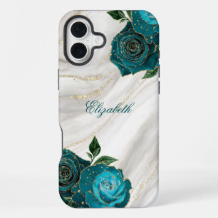 Navy Floral Gold Marble iPhone 16 Plus Case