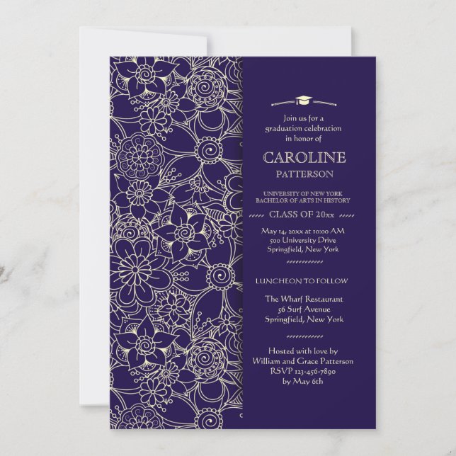 Navy Floral Graduation Invitation (Front)
