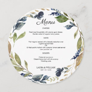 Navy Floral Greenery Leaves Round Menu