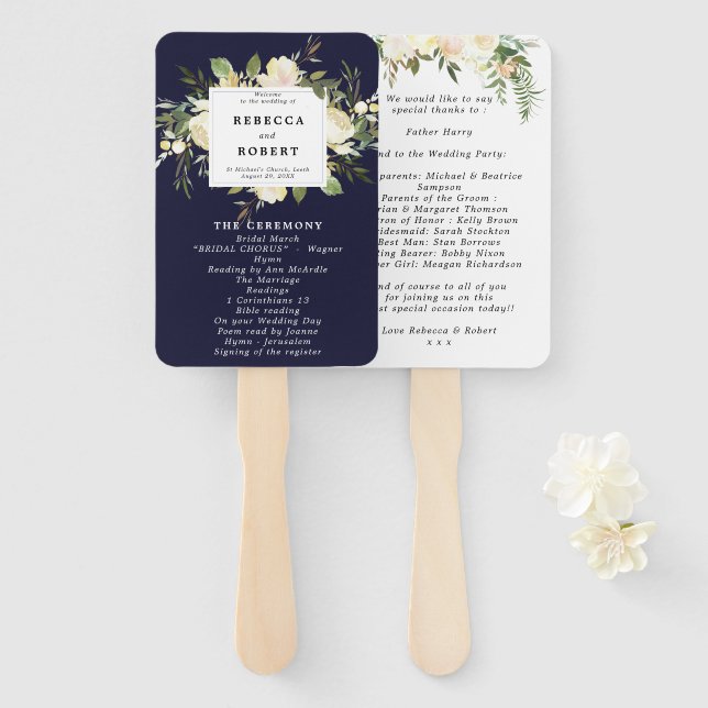 navy floral greenery wedding program fans (Front and Back)