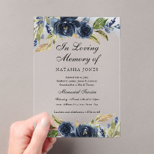 Navy Floral Leaf Clear Acrylic Memorial Service  Acrylic Invitations