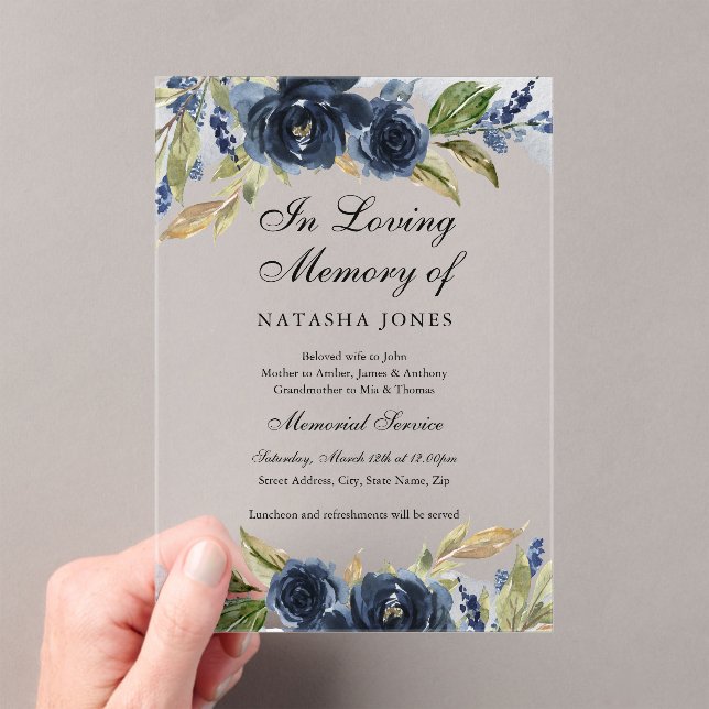 Navy Floral Leaf Clear Acrylic Memorial Service  Acrylic Invitations (Insitu (Handheld))