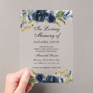 Navy Floral Leaf Clear Acrylic Memorial Service  Invitations