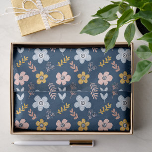 Navy Floral & Leafy Sprig Pattern Tissue Paper