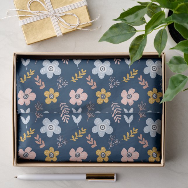 Navy Floral & Leafy Sprig Pattern Tissue Paper (Gift)