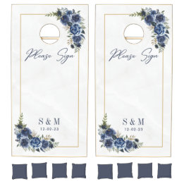 Navy Floral Marble Monogram Wedding Guest book