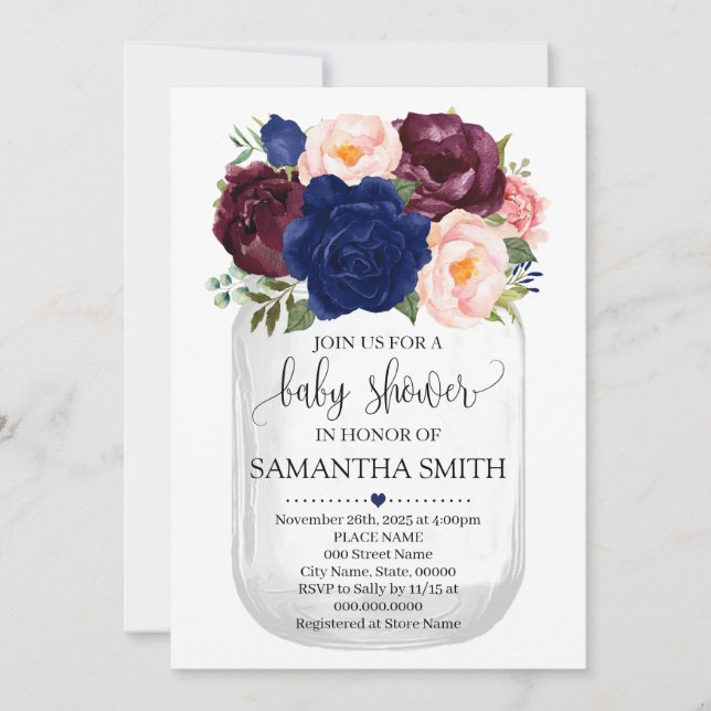 Navy Floral Mason Jar Baby Shower Country Chic Invitation (Front)