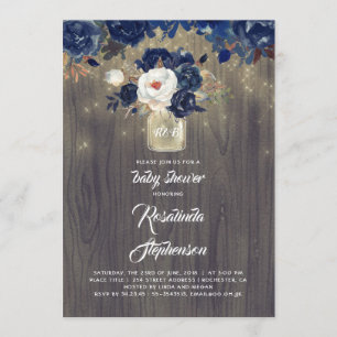 Navy Floral Mason Jar Rustic Baby Shower Invitation