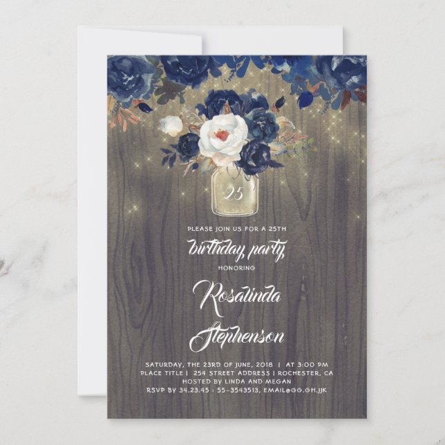 Navy Floral Mason Jar Rustic Birthday Party Invitation (Front)