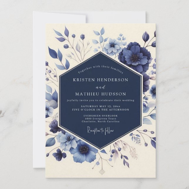 Navy Floral Meadow Wedding Invitation (Front)