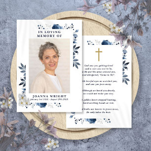 Navy Floral Memorial Funeral Prayer Photo Card