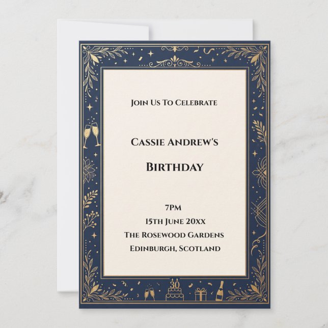 Navy Floral Milestone Birthday Invitation (Front)