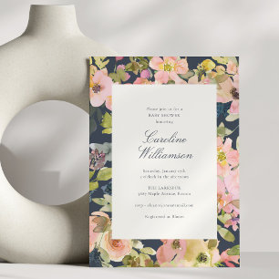 Navy Floral Modern Baby Shower Garden Elegant  Invitation