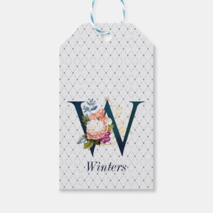 Navy Floral Monogram W   Gift Tags