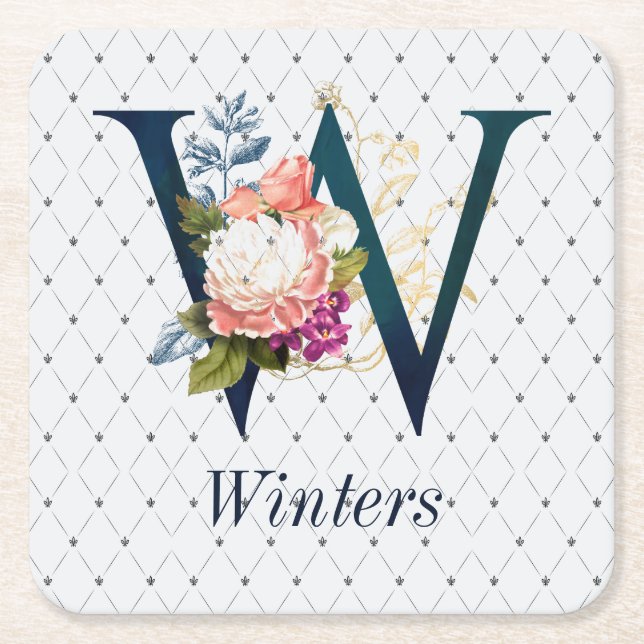 Navy Floral Monogram W  Square Paper Coaster (Front)