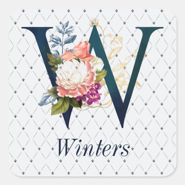 Navy Floral Monogram W  Square Sticker (Front)