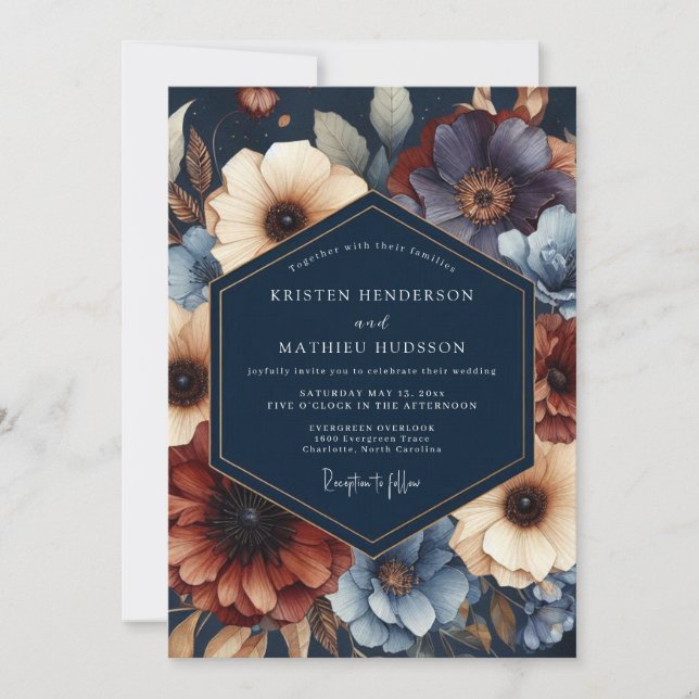 Navy Floral Moody Bloom Wedding Invitation (Front)