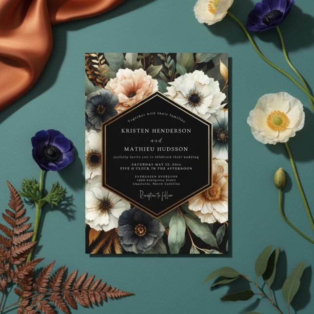 Navy Floral Moody Bloom Wedding Invitation (Creator Uploaded)