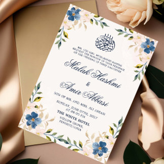 Navy Floral Muslim Islamic Nikah Arabic Wedding Invitation