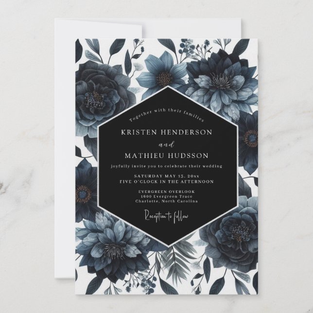 Navy Floral Night Wedding Invitation (Front)