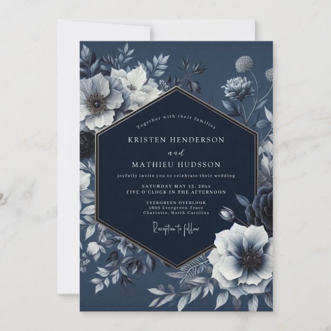 Navy Floral Nocturnal Romance Wedding Invitation (Front)