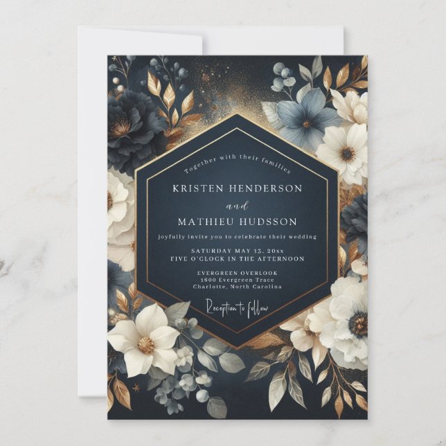 Navy Floral Opulent Wedding Invitation (Front)