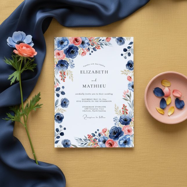 Navy Floral Painterly Wedding Invitation (Creator Uploaded)