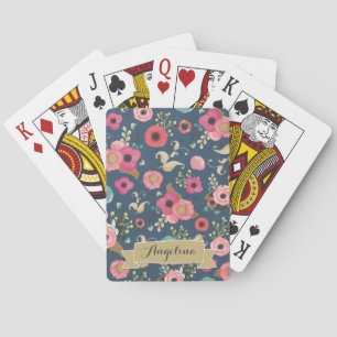 Navy Floral Pattern Personalised Playing Cards
