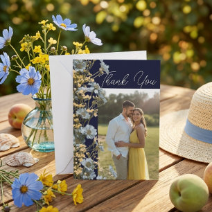 Navy Floral Photo Wedding Thank You Card 