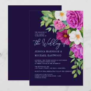 Navy Floral Pink White Purple Rose Bold Wedding Invitation