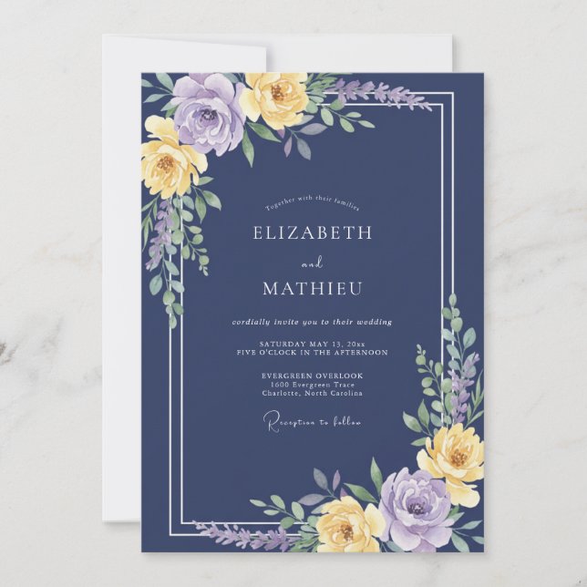 Navy Floral Romantic Botanical Wedding Invitation (Front)