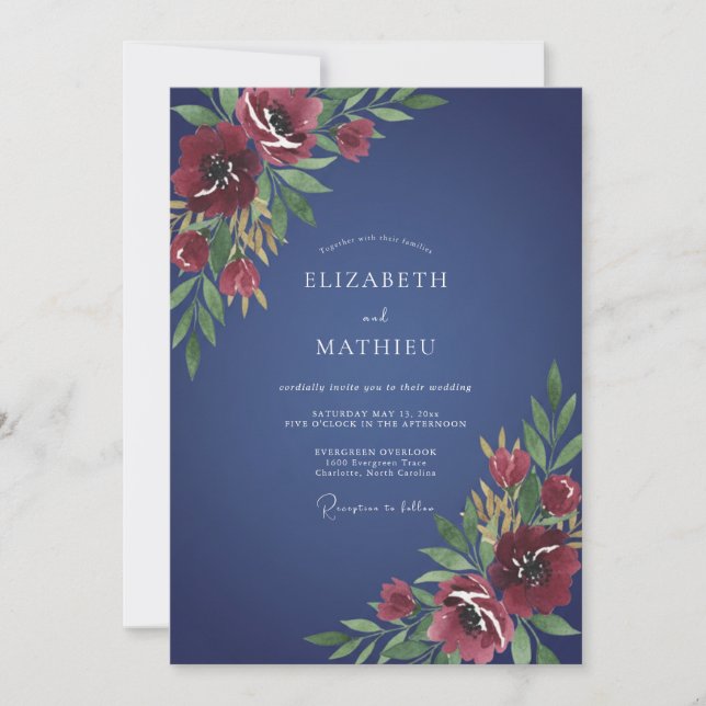 Navy Floral Romantic Flourish Wedding Invitation (Front)