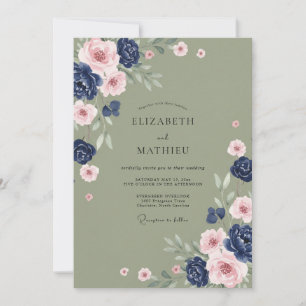 Navy Floral Romantic Spring Wedding Invitation