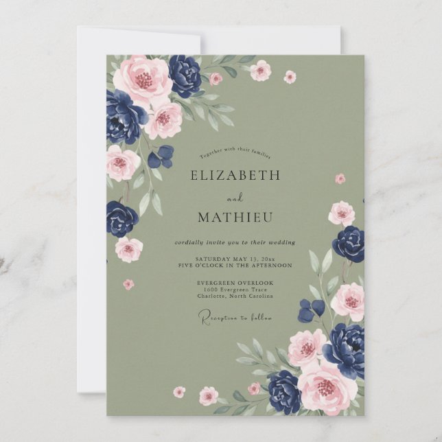 Navy Floral Romantic Spring Wedding Invitation (Front)