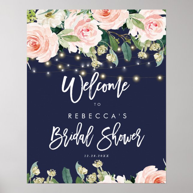 navy floral roses bridal shower welcome sign (Front)