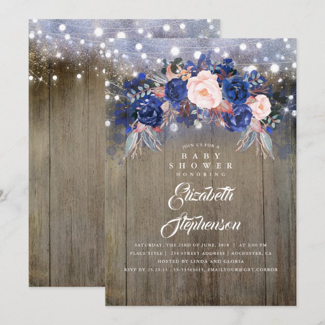 Navy Floral Rustic Baby Shower Invitation (Front/Back)