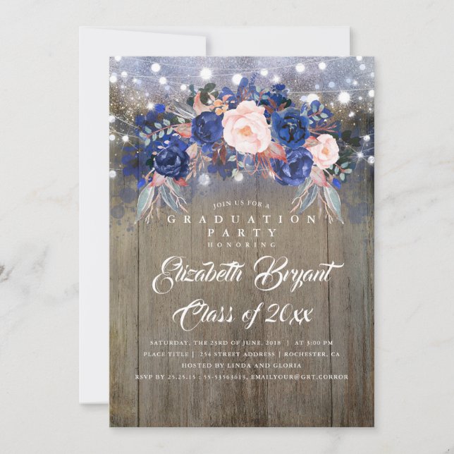 Navy Floral Rustic Graduation Party Invitation (Front)
