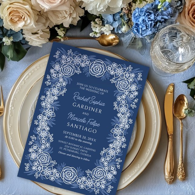 Navy Floral Rustic Wedding Invitation (Creator Uploaded)