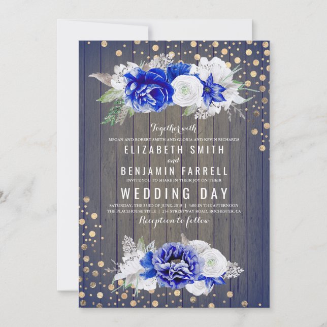 Navy Floral Rustic Wedding Invitation (Front)
