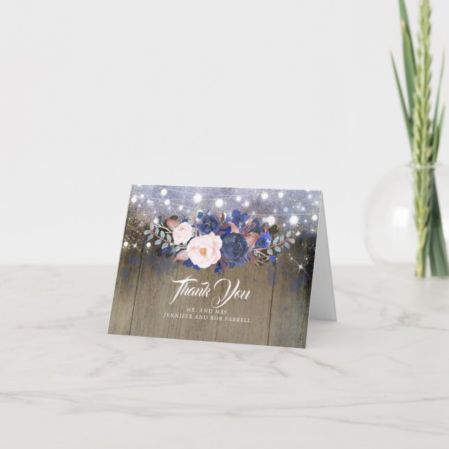 Navy Floral Rustic Wedding Thank You Card (Front)