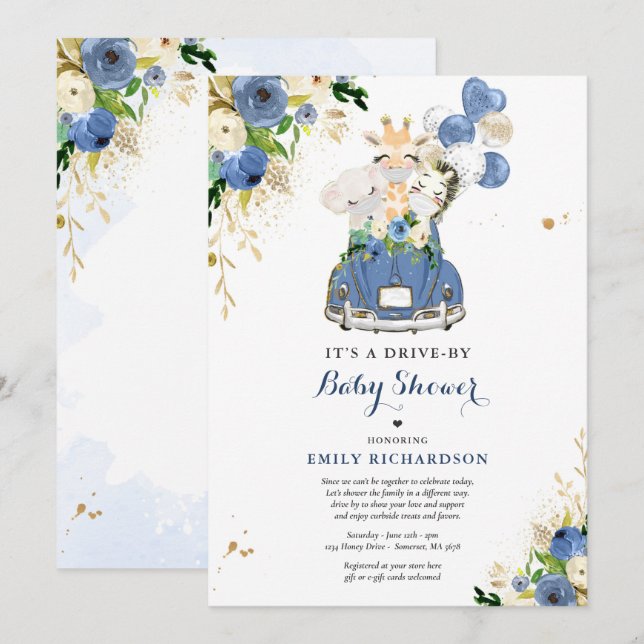 Navy Floral Safari Animals Drive By Baby Shower Invitation (Front/Back)