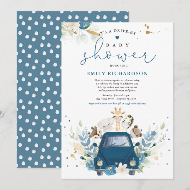 Navy Floral Safari Animals Drive By Baby Shower Invitation (Front/Back)